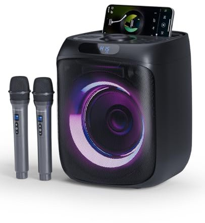Enceinte Karaoke Adulte 2 Micros sans Fil, Enceinte Bluetooth Puissante pour Fête, Système PA 400W avec Lumières Disco LED, FM Radio, TWS, TF, USB, AUX, REC for Outdoor/Indoor