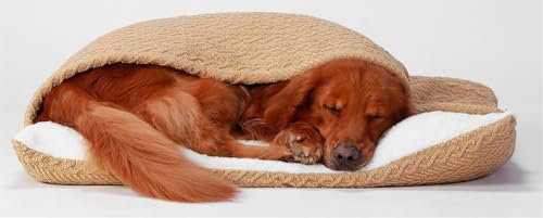 Beruhigend Hundebett Höhle, Hundeschlafsack mit Dach, Hundebett Orthopädisch Waschbares mit Decke, Hundekorb/Katzenkörbchen Hundesofa für Kleine und Mittelgroße Hunde, Abnehmbaren(Beige,50*40*18 cm)