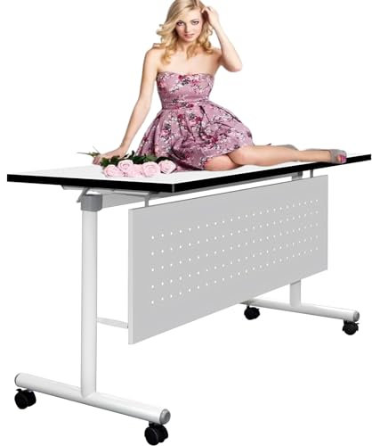 WAMVZYX Konferenztisch Büro-Konferenztisch Stapelbarer Tisch mit Vorhangbrettbreite mit mittlerer Ablage mit Rollen Weißer Faltbarer Seminar-Besprechungstisch,120 * 70 * 75