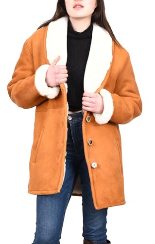 Divergent Retail Luxuriöser Damen-Mantel aus Merino-Schaffell, mittellang, Übergröße, 3-Knopf-Verschluss, Cognac-Guadalupe, cognac, 34