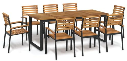 Gecheer 9-TLG. Garten Essgruppe Holz, Sitzgruppe Garten 8 Personen, Esstisch mit 8 Stühlen Set, Garten Terrasse Möbel Balkonmöbel Sitzgarnitur, Massivholz Akazie und Metall