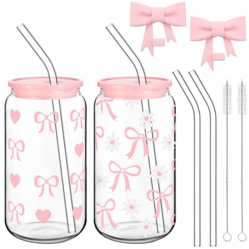 Set mit 2 Coquette Bow-Glasbechern, 473 ml, rosa Glasbecher mit Deckel und Strohhalmen, wiederverwendbare Strohhalmaufsätze aus Silikon mit rosa Schleife(Herz)