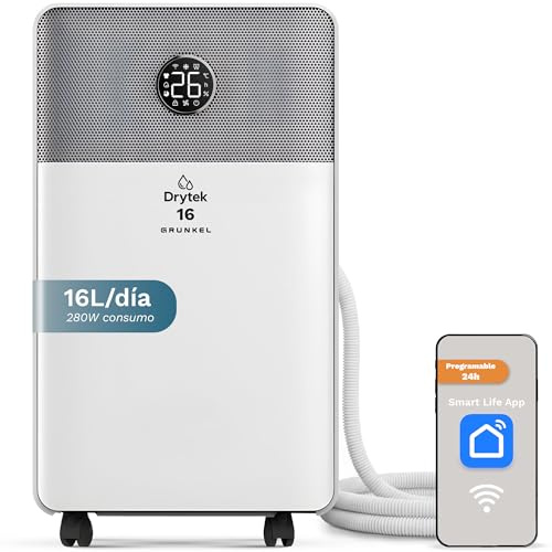Grunkel Drytek Deshumidificador portátil 10L/día con WiFi y app, drenaje continuo, panel táctil, 100m³/h, depósito 2L, 240W bajo consumo, silencioso 42dB y temporizador 24h (16L/día)