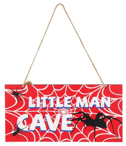 Spider Door Sign, 12x6in Red Wooden Spider Web Nursery Room Decor Little Man Cave Signs with Rope Wall Art Room Decoration for Boys Men