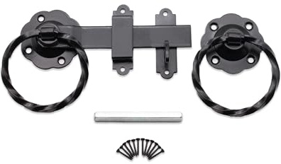 Heavy Duty 6” (150mm) Twisted Ring Gate Latch Catch Lock Set in Epoxy Black Finish for Garden Gate, Sheds Door, Barn, Garage Gates