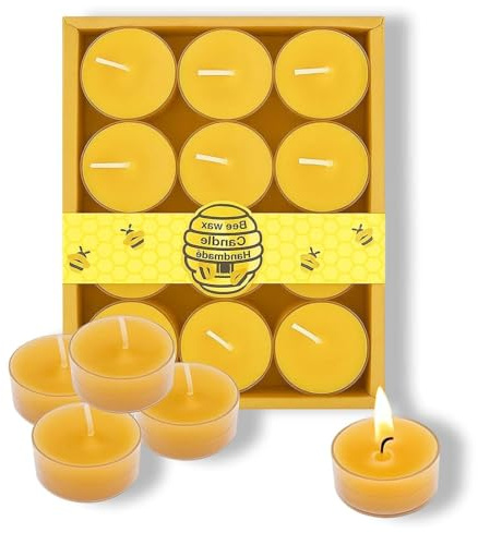 12Pcs Beeswax Candles,Beeswax Tealight Candles,Candle Wax, Delicate Yellow Candles Set in Decorative Box, Wax Candles for Home Relaxation and Air Purification