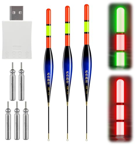 ACAREY LED Posen Angeln 3er-Set mit Bissanzeiger für Hohe Wurfweiten, Leuchtend Angelposen Nacht-Angeln 12g/15g/20g, Schwimmer Angeln mit Ladegerät Gravity Sensing Metall Basis, Angelzubehör