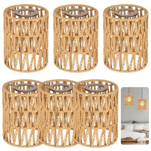 Rattan Lamp Shade,Small Wicker Pendant Light Shade - Cylinder Woven Wicker Lampshades Replacement,Paper Rope & Metal Frame,Bohemian Ceiling Hanging Light Shades for Wall Light (6)