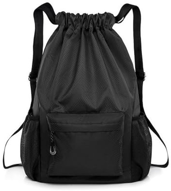 QFWFG Drawstring Gym Bag: Waterproof Sports Backpack with Built-in Waterproof Pouch, Unisex Black String Swim PE Bag for Kids & Adults (Swim/PE/School/Travel/Workout)