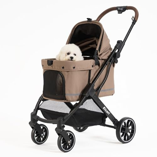Kicari All-Terrain Dog Stroller for Small to Medium Dogs, Pet Stroller for Dogs & Cats Outdoor Walks, One-Hand Easy Fold, Double-Layer Anti-UV & Waterproof Canopy & Breathable Mesh, Mocha Brown