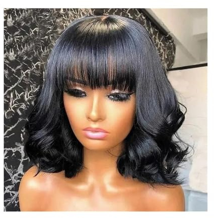 Pelucas Ondas Naturales Flequillo Negras Onduladas, Estilo Bob Mujeres Cabello Humano Virgen Brasileño, Sin Pegamento, Suelto Y Rizado, Densidad 180 Adorno de pelo para mujer(12inch)