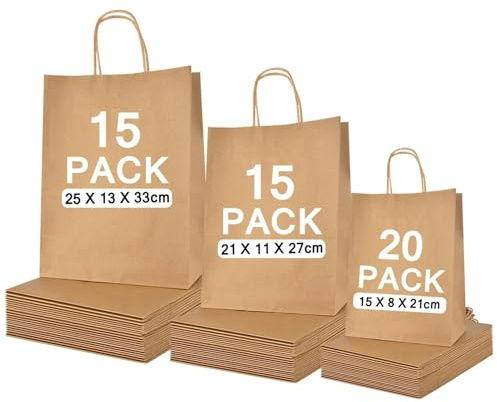 50 st bruna papperspåsar med handtag, 130 GSM, blandade storlekar papper presentpåsar, miljövänligt hantverk för gåvor, gör-det-själv, fest, shopping, detaljhandel, livsmedelsbutik, bröllop