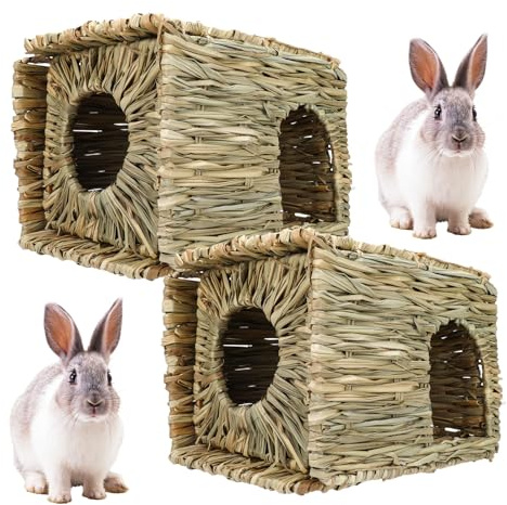 JBESUHI 2 Pack 12×8.5×8 Grass Bunny House - Foldable Double Openings Straw Hideaway Hut, Play Hay Bed Toy for Dwarf Dabbits Guinea Pig Hamster Chinchilla Ferret Small Animals
