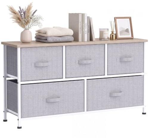 HOMCOM Cómoda con 5 Cajones de Tela, Cajonera para Dormitorio Gris | Cajonera para Salón, Oficina, Vestidor, Marco de Acero