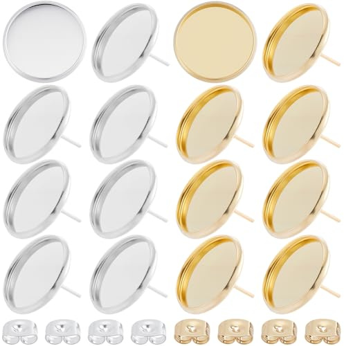 Beebeecraft 1 Scatola da 60 Pezzi di Cabochon per Orecchini in Acciaio Inossidabile Placcato in Oro 18K e Argento Sterling con Base A Castone Perni A Tazza per La Creazione di Gioielli