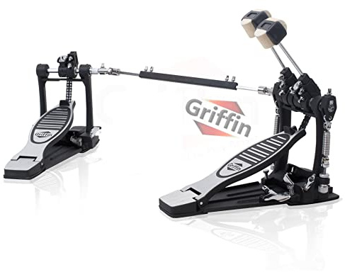 GRIFFIN Double Bass Drum Pedal (Quick-Kick Series) – Heavy-Duty Foot Board Set, Twin Chain with Quad Beaters for Rock & Metal Drumming