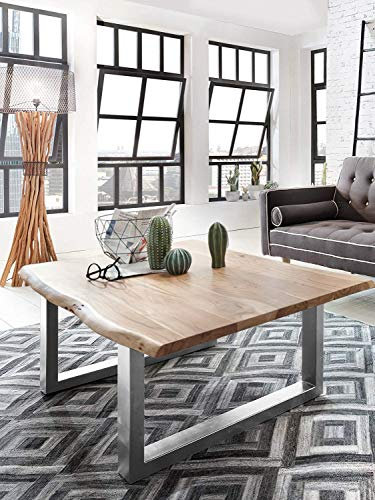 SAM Couchtisch 120x80 cm Quarto, echte Baumkante, massiver Sofatisch aus Akazienholz naturfarben, Beistelltisch mit U-Metallgestell Silber, Baumkantentisch für Wohnzimmer