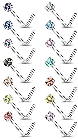ZS 8-14PCS 20g Tiny Nose Stud Ring Piercing Surgical Steel Nose Bone/L Shaped/Nose Screws Rings Set (14pcs L Shaped Style(Mixed Color))