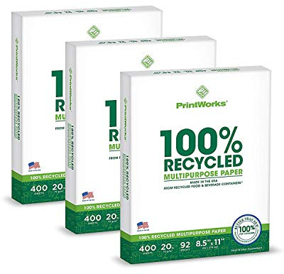 PrintWorks 100% Recycled Printer Paper 8.5 x 11 White - 20 lb Copy & Multipurpose Computer Paper - 3 Packs, 1200 Sheets - Made in the USA - 92 Bright - Printer & Copier Compatible (00018-3)