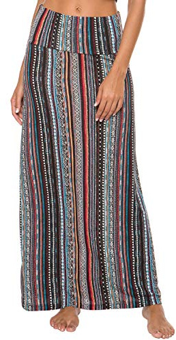 EXCHIC Mujer Cómoda Elástica Cintura Alta Maxi Falda Boho A-Line Largas Yoga Faldas (S, 6)