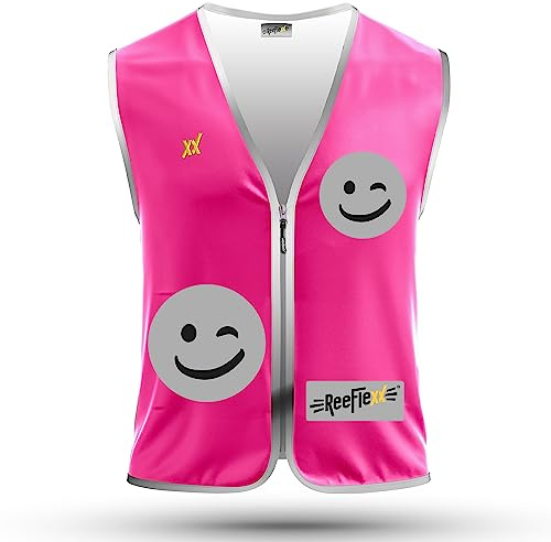 REEFLEXX Warnweste Kinder Sicherheitsweste, erhöhte Sichtbarkeit im Straßenverkehr, Schule, Fahrrad oder Auto, Solid Pink Smiley - Größe S