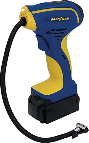 Goodyear 10727 Compresor de Mano con batería e iluminación LED 12 V para inflar neumáticos de Coche, Moto o Bicicleta, Pelotas, 25 l/min, 8,3 Bar