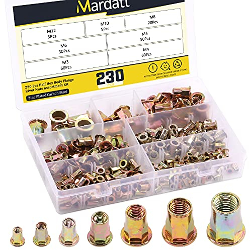 Mardatt Metric Hex Rivet Nut Assortment Kit M3 M4 M5 M6 M8 M10 M12 Carbon Steel Zinc Plated Half Hex Body Rivnut Flat Head Threaded Insert Nutserts (Assortment Kit-230pcs)