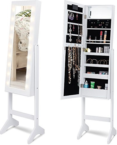 RELAX4LIFE Schmuckschrank 18 LEDs, Schmuckregal mit Ganzkörperspiegel & Eingebautem Spiegel, Spiegelschrank neigbar, Standspiegel für Ringe & Ohrringe & Ketten & Lippenstifte & Kosmetika (Weiß)