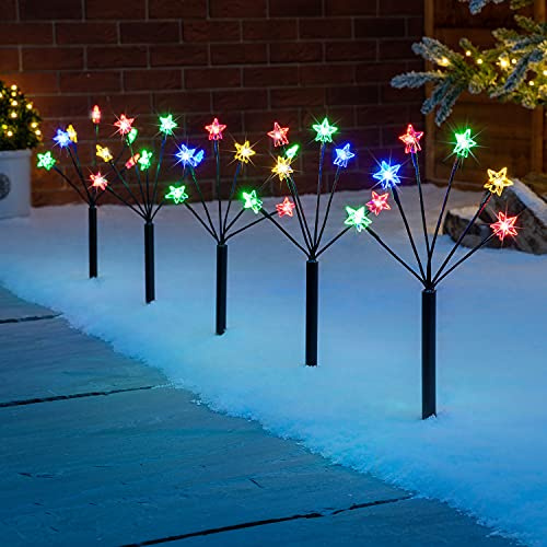 Christow Star Branch Path Lights, Outdoor Christmas Stake Pathway Decorations, Multi Coloured LED, Battery Operated with Timer (Set of 5 x 45cm)