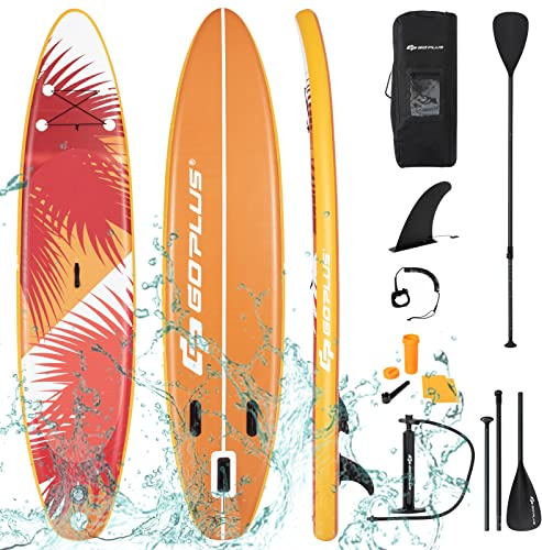 COSTWAY Planche de Paddle Board Gonflable | Paddle Flottant Réglable Aluminium Accessoires Complets Sac à Dos Leash Pompe à Main Corde de Sécurité Deck Antidérapant