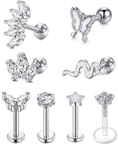 VFUN 16G Tragus Piercing mit Schmetterling Schlange Diamond CZ Chirurgenstahl Helix Ohr Conch Stecker Ohrpiercing Damen Piercing Silber