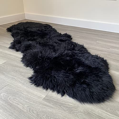 Véritable tapis en peau de mouton colorée | Tapis extra épais en peau de mouton (noir, double 190 x 65 cm)