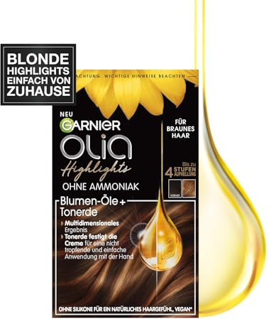 Garnier Haarfarbe Set für Strähnchen und Highlights in braunem Haar, Mit Blüten-Ölen und Tonerde, Ohne Ammoniak und Silikone, Bis zu 4 Stufen Aufhellung, Olia, Braun