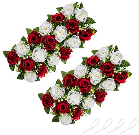 NUPTIO Kunstblumen Mittelstücke für Tische 2 Stück Karminrot Weiße Blumen 50cm Lang Gefälschte Seidenblumen Rosen Arrangements für Hochzeit Party Tischläufer Esszimmer Mittelstück Dekor