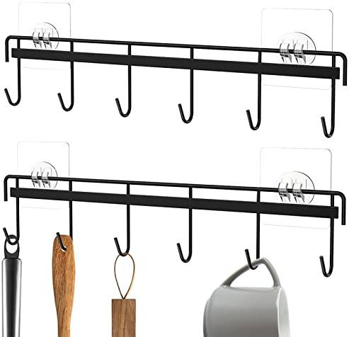 delr Küchenleiste - Selbstklebendes Küchenutensilienregal mit 6 Haken - 2-teiliger Utensilienhalter ohne Bohren, Wandmontage, Zubehöraufhänger für Küche, Badezimmer, Schlafzimmer