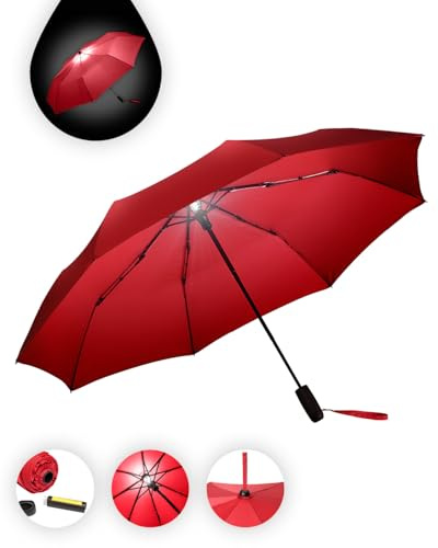 FARE Oversize-Taschenschirm Skylight (rot) - Effektvoller Regenschirm mit LED-Innenbeleuchtung und Aufhängefunktion