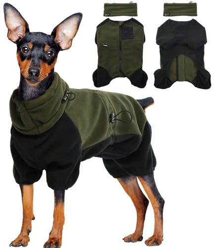 Hundfleece-tröja, polär fleece hundpyjamas kroppsdräkt hund onsie dragkedja fleece hundväst vindtät varm helkroppsrock valp snöjacka för små hundar med avtagbar polokrage (armégrön, S)