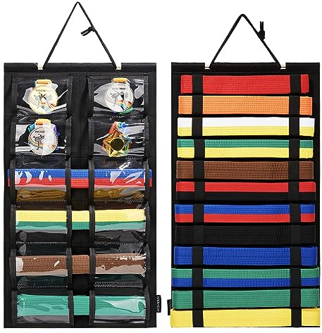 HUHYNN Kampsport, bältesorganisatör, hängande karatebältesdisplay rymmer 12 karate-bälten för kampsportlärare (inga tillbehör ingår) (svart-uppgradering)