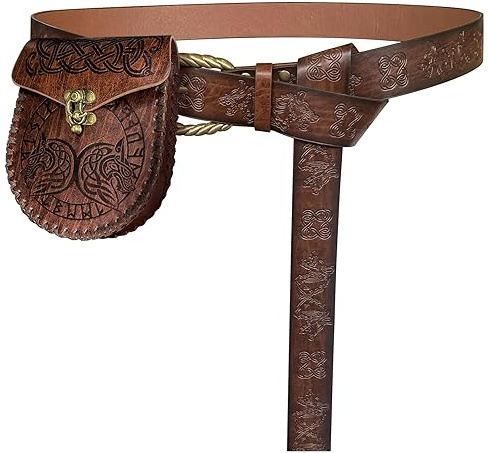 HiiFeuer Mittelalter Geprägter O-Ring Gürtel mit Nordisch Geprägter Gürteltasche, Vintage Kunstleder Gürtel und Seitentasche Set für LARP