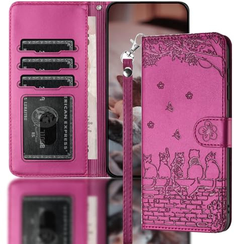 Nokverzy Cover Magnetica Flip per Huawei P30 Pro(6.47) Pelle Cavalletto Portafoglio Magnetico Custodia per Huawei P30 Pro(6.47) Cover Porta Carte Pieghevoli con Cordini Gatti Recinto Rosso