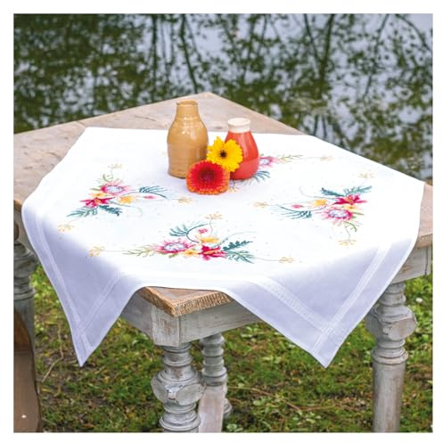 Vervaco Kreuzstich Stickpackungen Tischdecke Tropische Blumen Stickdecken Vorgezeichnet Basteln Erwachsene Kreativ Set Vorgedruckte Decke Sticken 80 x 80 cm Stickset DIY Sticken Set