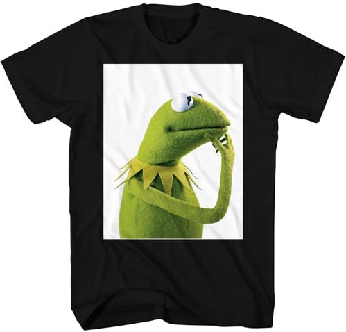 Disney The Muppets Kermit The Frog Thinking Pondering Meme Adult T-Shirt, Black, XL
