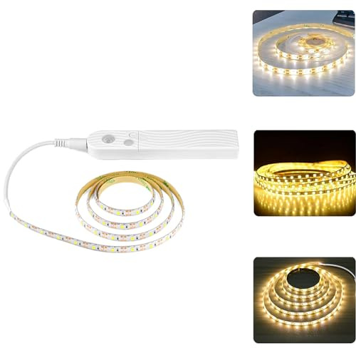 ieron Bewegungssensor LED Streifen Lichter, 2M Batterie mit Schalter, Selbstklebend, Schneidbar, Wasserdicht, Dimmbar LED Band für Unterschrank Küche Schlafzimmer (Warmweiß)