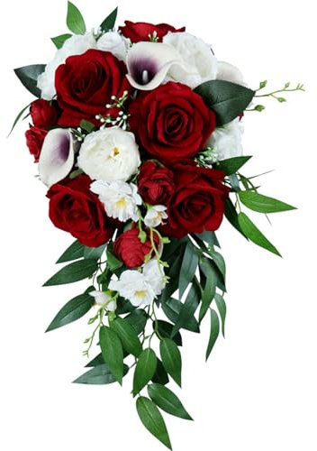 Fouriding Wedding Wine Red Bouquet for Bride,Water Drop Waterfall Bridal Bouquet Artificial Flowers Roses Holding Flowers for Ceremony Anniversary Party Bridal Shower Wedding Decoration
