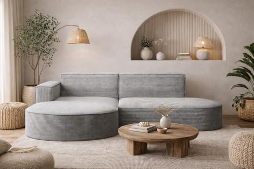 Kaiser Möbel - Ecksofa mit Wohnlandschaft, Eckcouch L-Form, Sofa 3-sitzer, Polstersofa, Bequemes Couch mit Ottomane für Wohnzimmer, Relaxsofa, Stilvolles Cord Sofa, Modena Studio, Silber, Links
