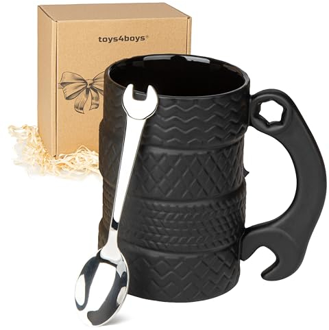 Tazza per pneumatici di grande capacità, 450 ml, in ceramica con cucchiaio, tazza per pneumatici 3D, grande con manico, tazze da caffè per uomini, per gli amanti delle auto, per la casa, regalo per