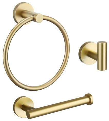 TURS Bathroom Hardware Accessories Set,Towel Hook Toilet Roll Holder Towel Ring, Wall Mounted Toilet Paper Holder, 3 Pieces Classic Stainless Steel Bath Accessory Hooks, Brushed Gold