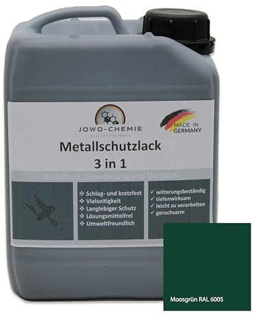 Metallschutzlack 3in1 (5kg) Metallfarbe Dauerhafter Schutz & hohe Beständigkeit, umfassende Lösung für den Schutz und die Veredelung von Metalloberflächen (Moosgrün RAL 6005)