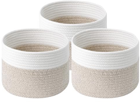 Homsorout Cotton Rope Storage Baskets - 3 Pack of Large Round Woven Laundry Basket with Handles, Shelf Organiser for Living Room, Decorative Bins for Toys, Towel, Blanket, Bedroom, White+Beige
