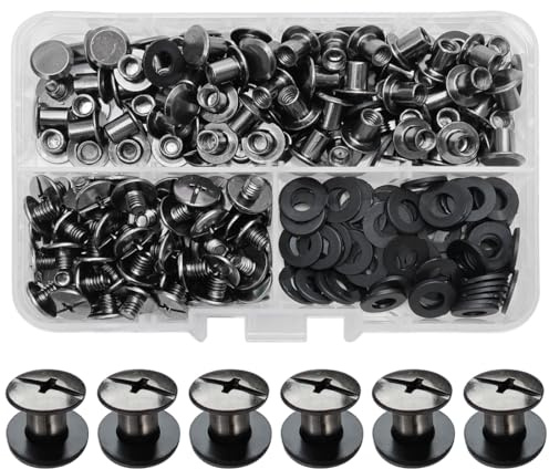 SHSMPXOY Chicago skruvar stolpar, skruvar nitar för läder, Chicago bindande skruvar, metallnitar ersättning reparation för väskor, bok, halsband, ryggsäckar, hundkoppel, koppel (glansig svart, M5 x 5:
